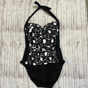 La Blanca Women Swimsuit 10 One Piece Black White Ruched Bathing Suit Halter